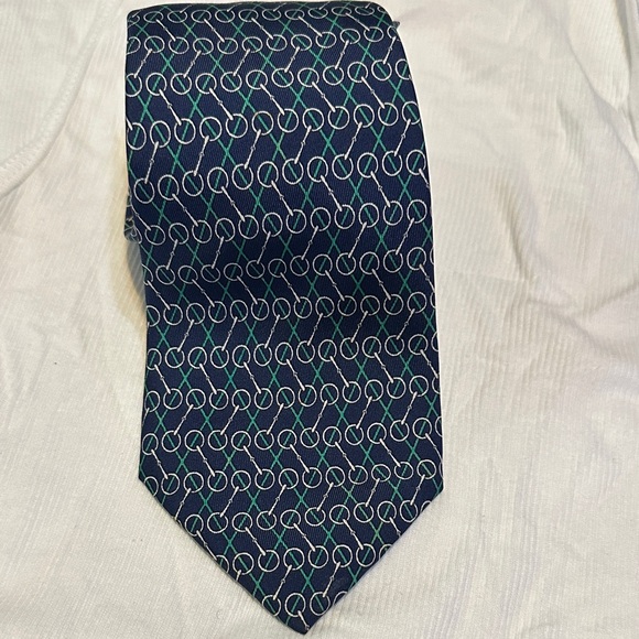 Hermes Navy Tie with Green and White Pattern